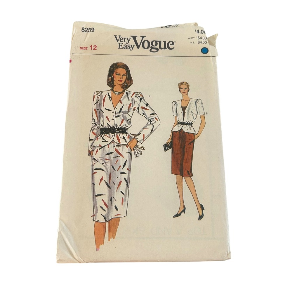 Vogue Sewing Pattern 8259 Women Size 12 White Top Skirt Peplum Uncut Vintage 80s
